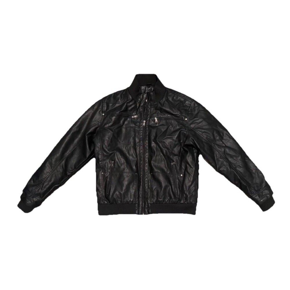 Mens Faux Leather Heavy Bomber Jacket Size XL Black Biker Full Zip